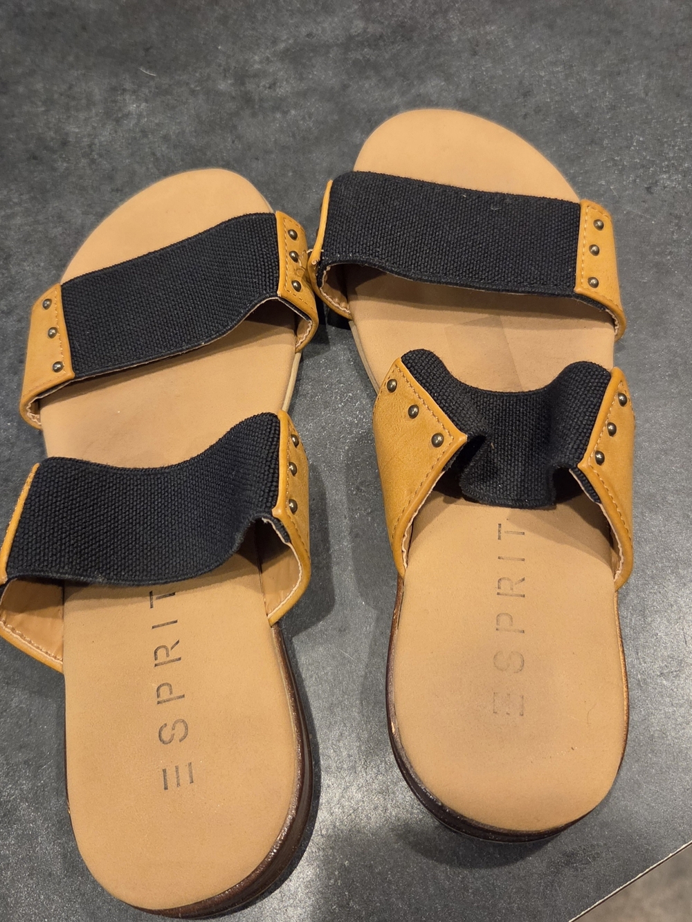 Esprit Women's Tan and Black Dual-Strap Slide Sandals